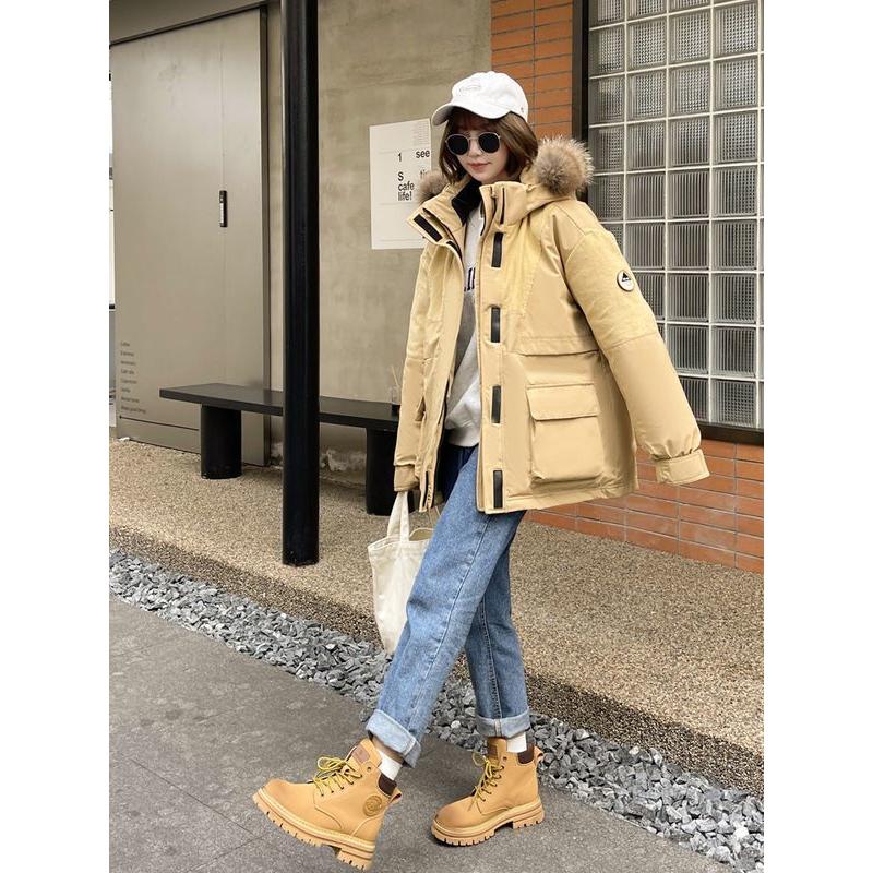 时尚羽绒服女派克服2023冬季黄色灯芯绒工装男情侣外套加厚宽松