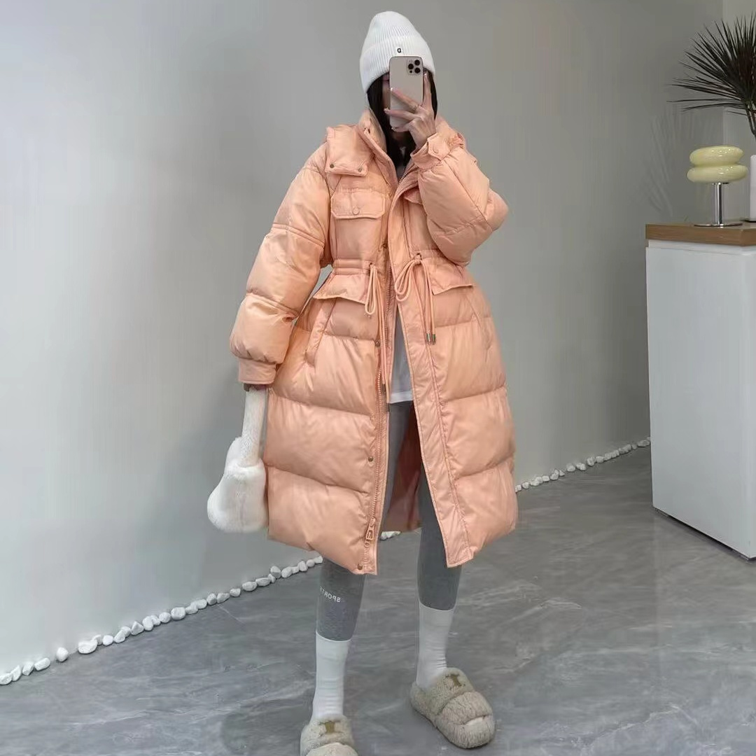 韩版连帽抽绳系带羽绒服女中长款2023冬季新款过膝白鸭绒保暖外套
