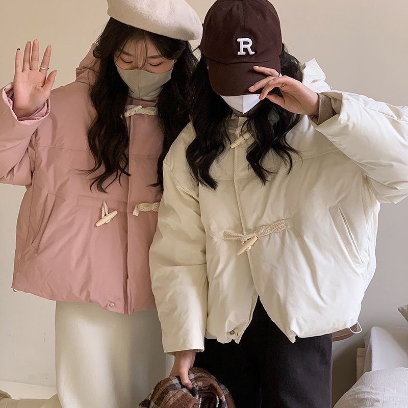 红色牛角扣面包羽绒服女2023今年爆款小个子时尚洋气冬短外套加厚