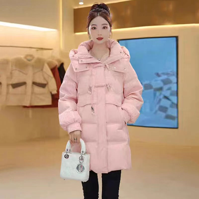 羽绒服女中长款2023冬季新款韩版白鸭绒纯色加厚保暖女士连帽外套