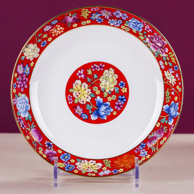 8英寸深菜盘景德镇珐琅彩万花家用圆形中式宫廷风菜碟子陶瓷餐具