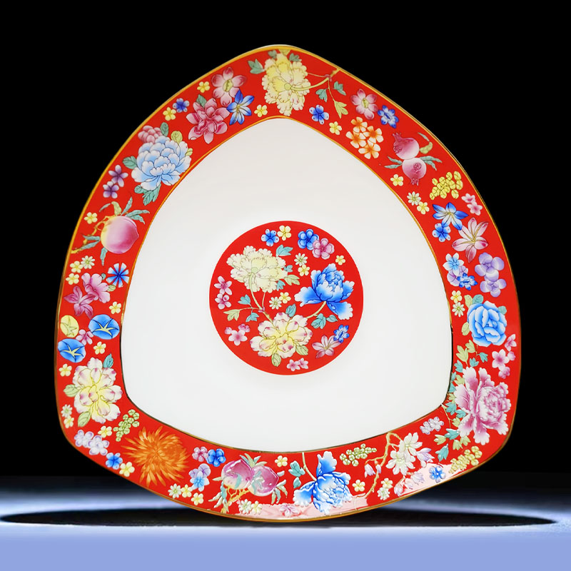 景德镇珐琅彩万花8.5英寸三角菜盘高端宫廷风深盘异形糕点深窝盘