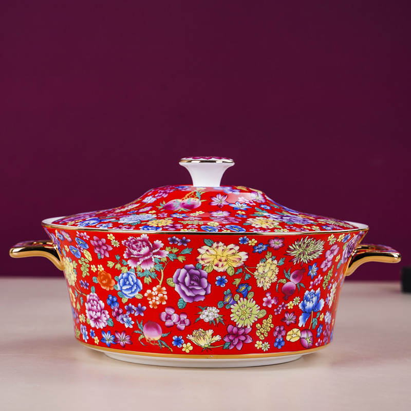 9英寸大汤煲景德镇万花珐琅彩宫廷风中式带盖汤煲家用陶瓷餐具单