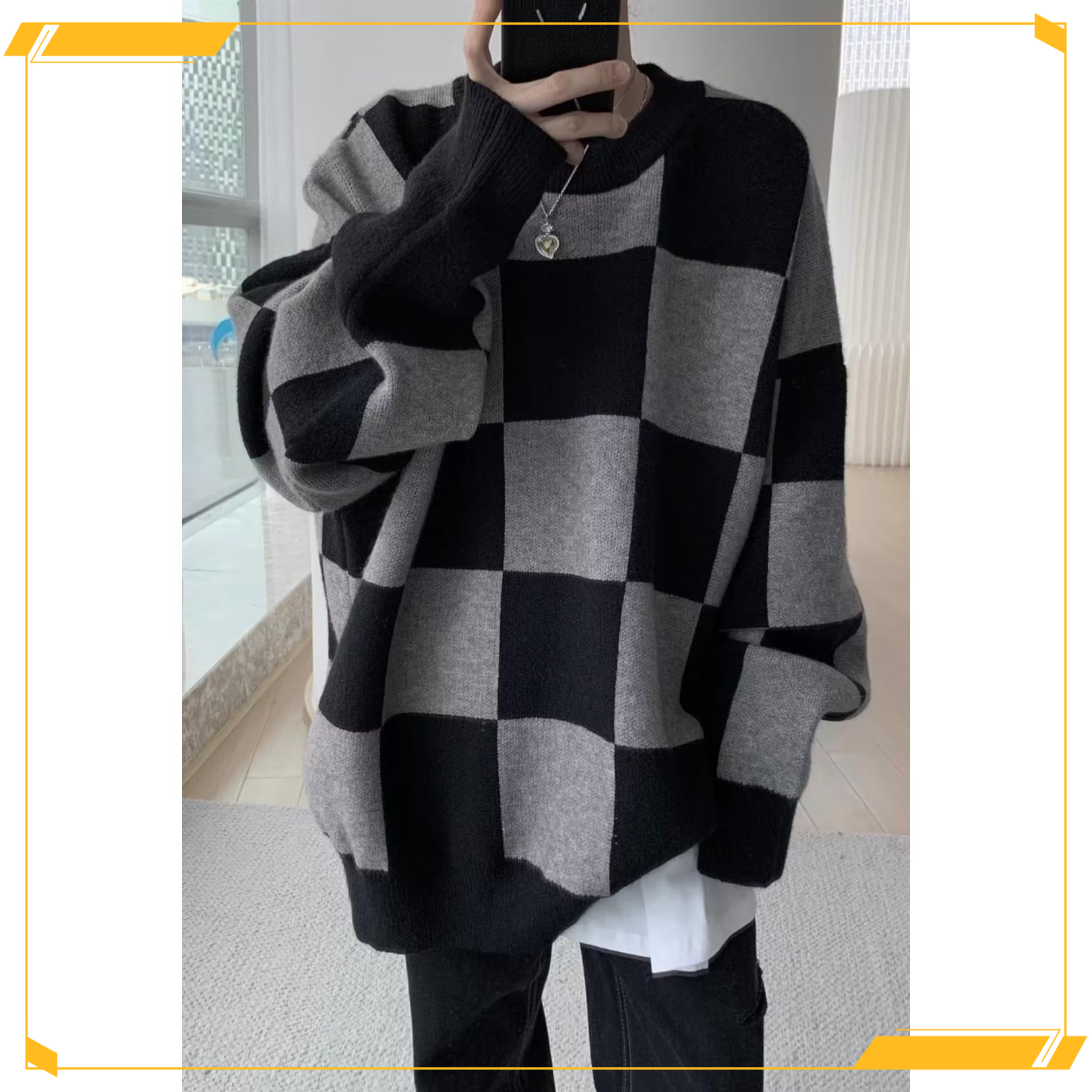 暗黑棋盘格设计感加厚针织衫男套装iins秋冬潮流慵懒风毛衣男外套