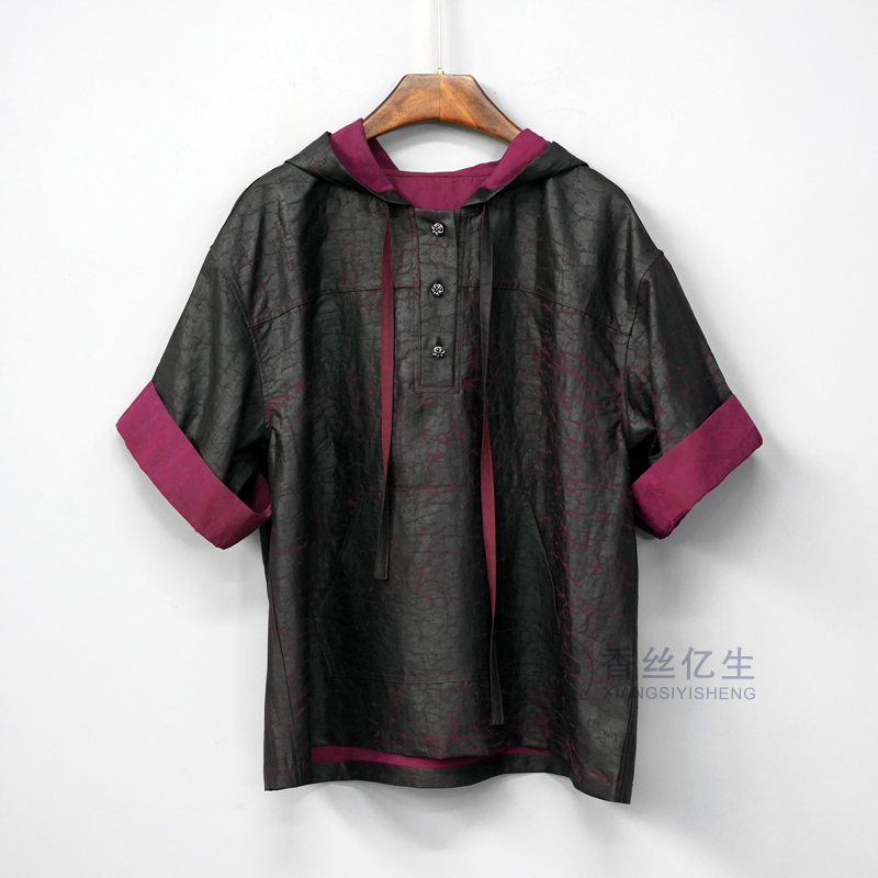 芳华！香云纱休闲龟裂纹百搭上衣休闲宽松连帽女士夏季衬衫X2582