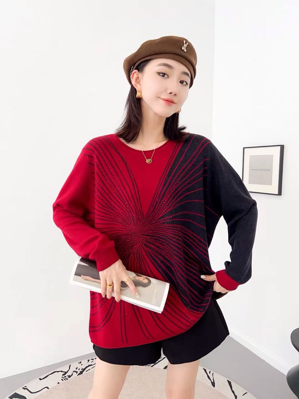 冬季新款大版毛衣拼色烫钻宽松休闲时尚毛针织衫套头圆领百搭