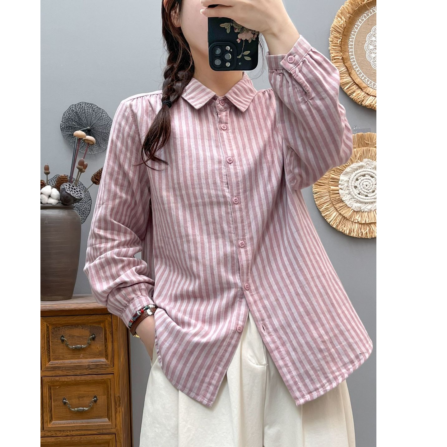 新款小众时尚设计感上衣双层棉纱小衫文艺复古条纹衬衫休闲衬衣女