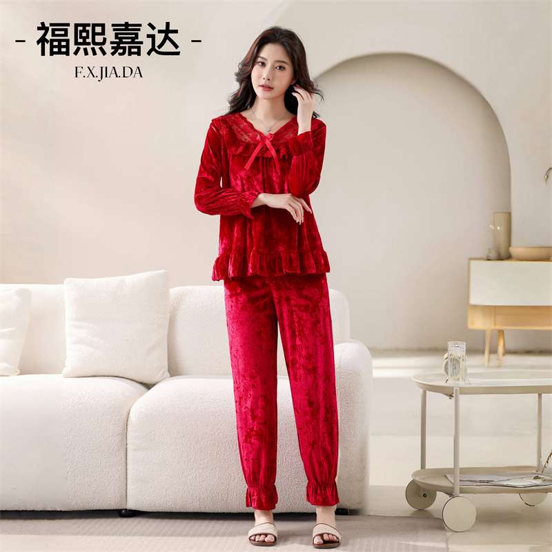 秋冬款蕾丝甜美可爱公主风睡衣冬天女长袖洋气时尚宽松家居服套装