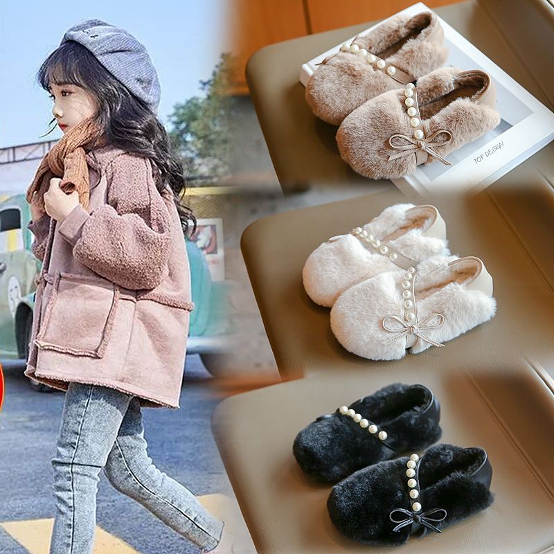 小香风毛毛鞋女童冬季外穿加绒白色网红一脚蹬豆豆鞋2023年新款棉