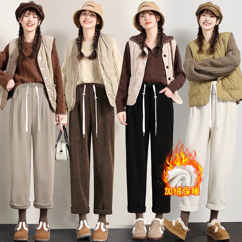 孕妇裤子秋冬加绒灯芯绒新款抽绳宽松阔腿裤女孕妇装冬季加绒加厚