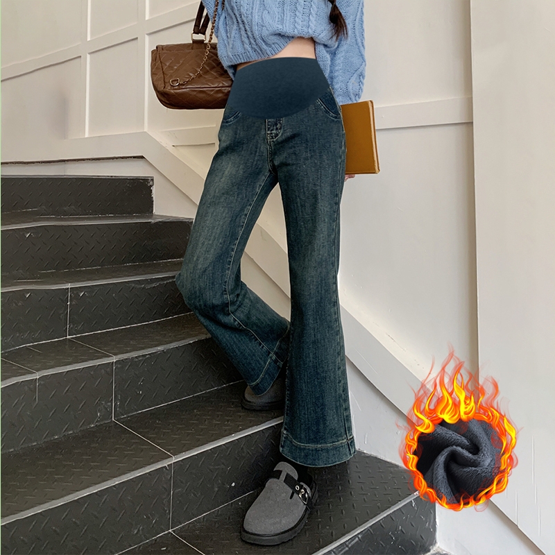 孕妇牛仔裤秋冬款外穿九分微喇裤秋季小个子休闲可调节阔腿裤秋装