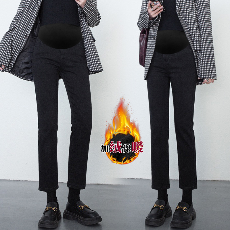 孕妇裤子小黑裤秋冬款加绒加厚外穿九分小个子直筒裤烟管裤春秋款