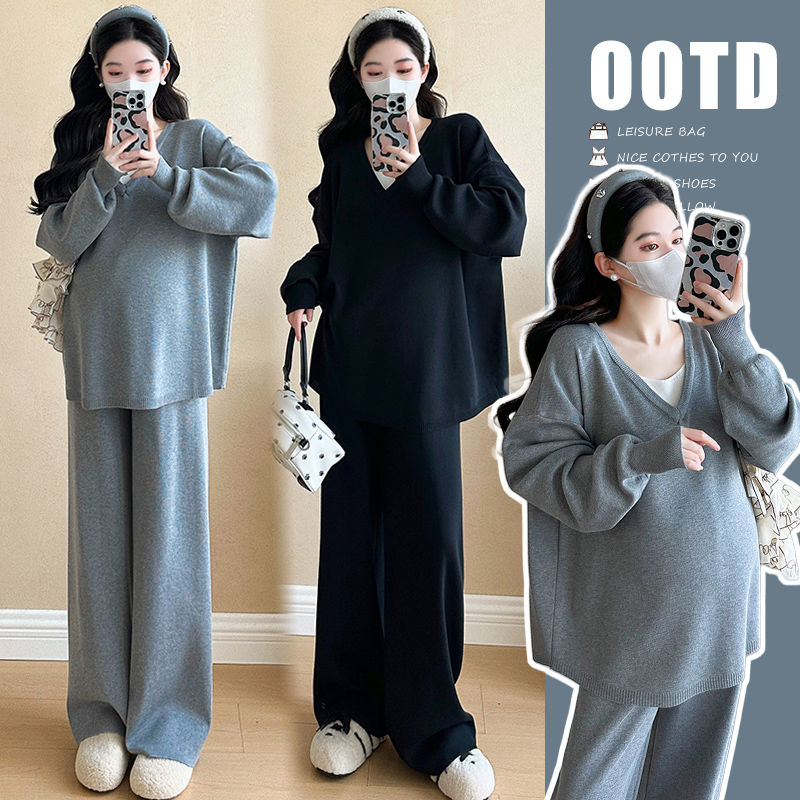 孕妇套装2024秋冬新款慵懒风洋气百搭针织毛衣孕妇装冬季加绒加厚