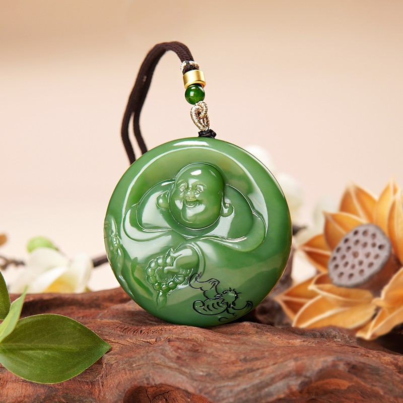 和田玉碧玉老料无矿点 镯心料 正阳绿典藏笑口常开佛公吊坠 00078