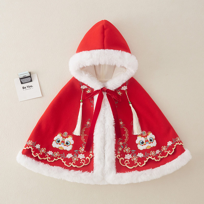 女宝宝龙年中国风加绒斗篷披风连帽女童国潮新年红色包裹被外出服