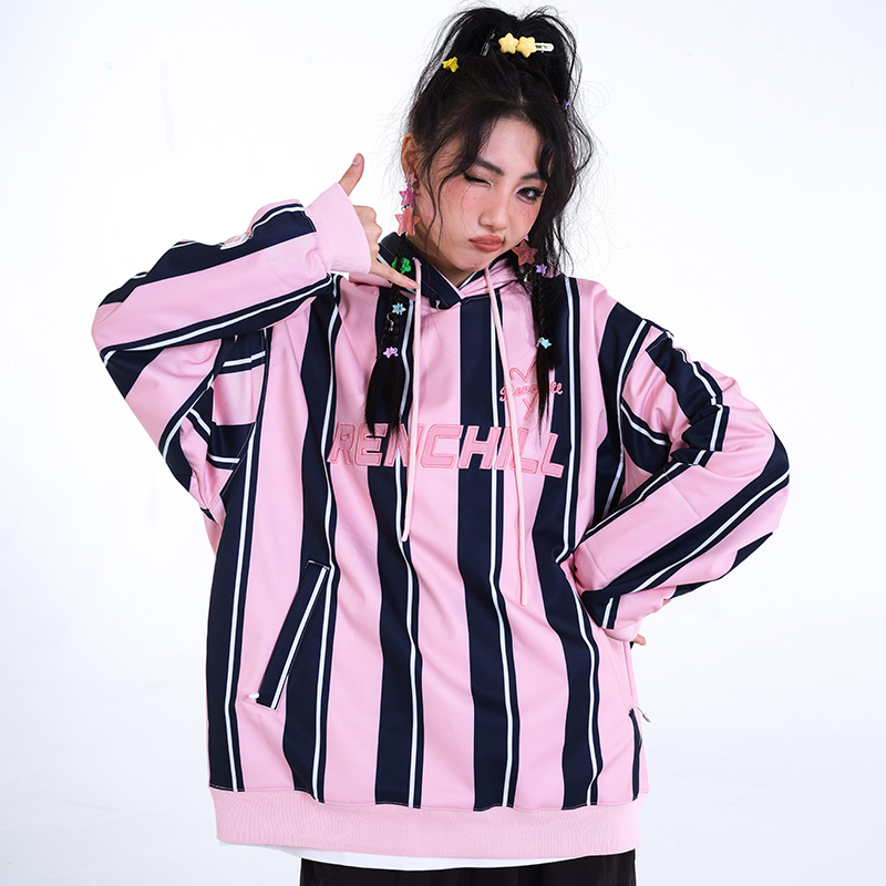 Ren刃川 现货滑雪服条纹刺绣连帽卫衣保暖男女款宽松单板双板防水