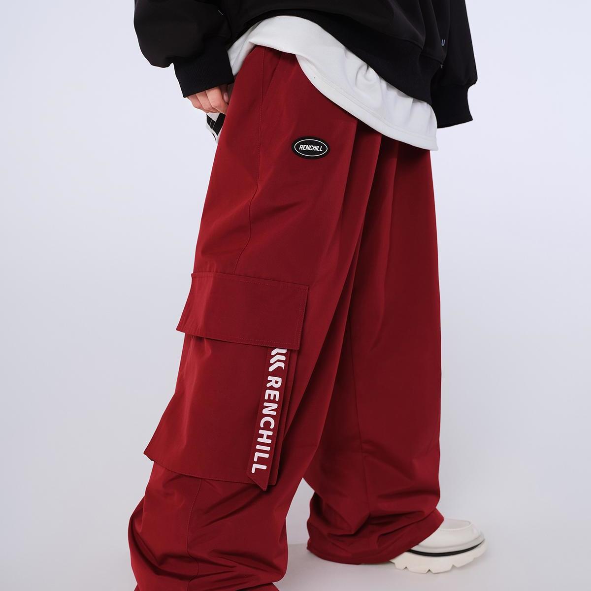 Ren刃川 2025新款国潮酒红色滑雪裤男女宽松防水加绒加厚单板双板
