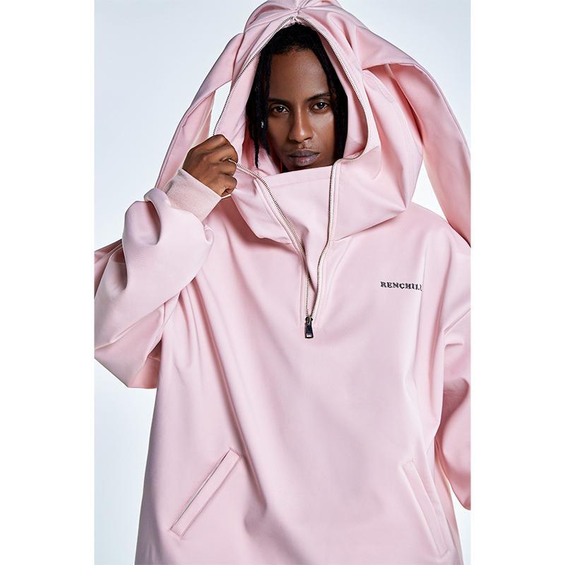 Ren刃川 冬季粉色可爱兔耳卫衣男女款宽松防水防风单板双板滑雪服