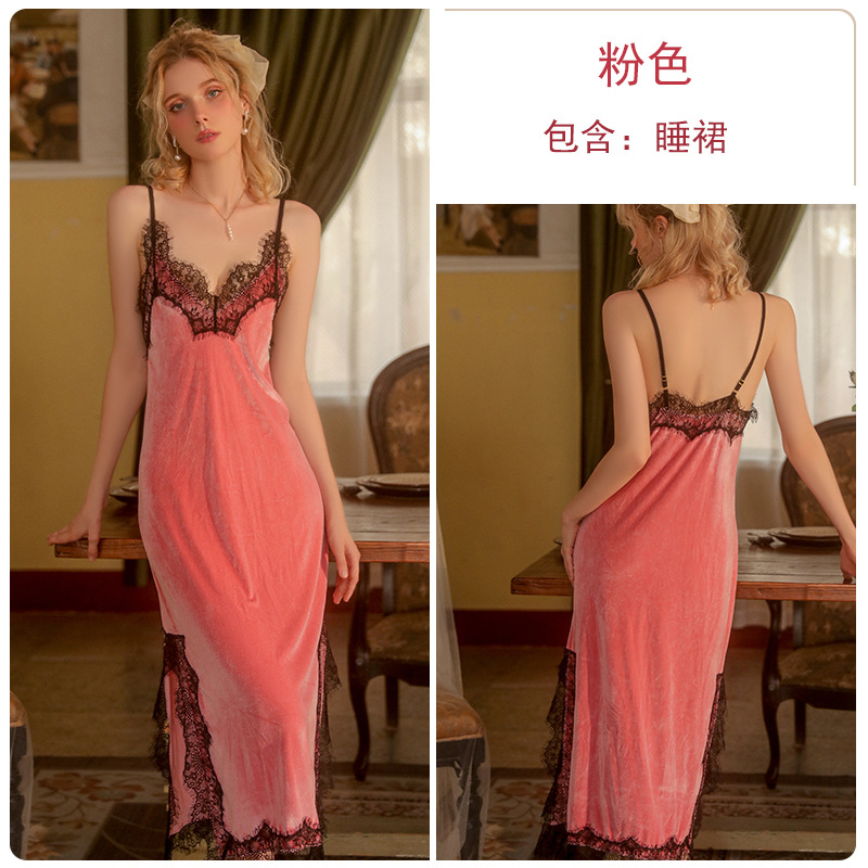 性感秋冬丝绒休闲吊带睡裙蕾丝露背外袍女私房家居服套装长款