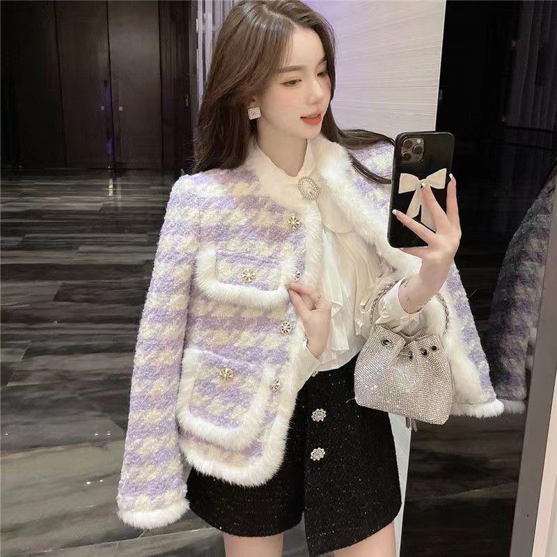 小香风外套女2023秋冬时尚洋气流行紫罗兰名媛加厚夹棉毛呢棉服