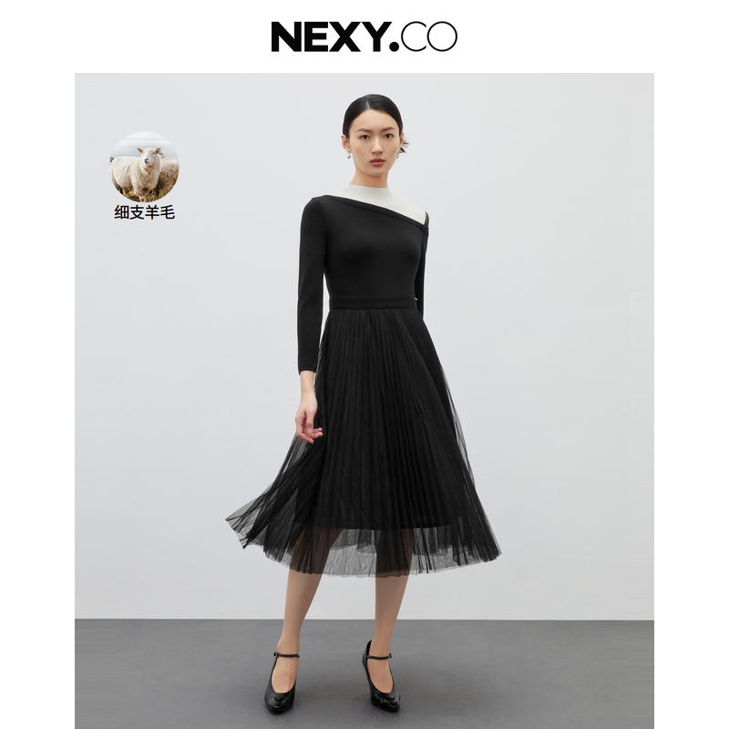 NEXY.CO/奈蔻时尚黑色优雅气质羊毛修身显瘦通勤连衣裙XF04554W0
