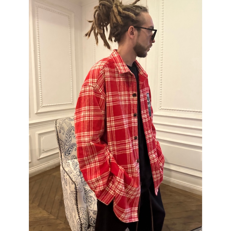 BHITE黑洞之眼 重磅混纺红白格子衬衣外套宽松美式高街风休闲衬衫