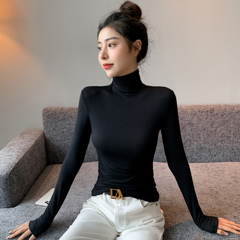 高领轻奢打底衫女内搭2023秋冬新款高领长袖修身洋派黑色上衣