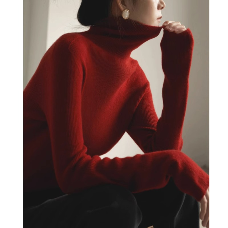复古红色毛衣女士秋冬堆堆高领轻奢针织打底衫春秋款修身内搭上衣