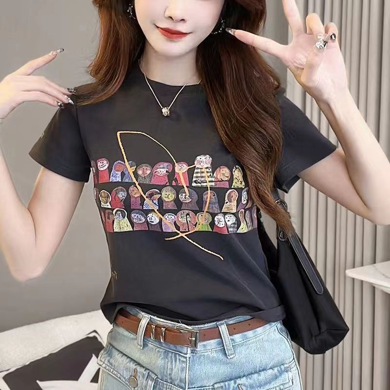 韩系冰丝短袖针织衫女印花圆领修身夏季新款减龄T恤小众卡通上衣