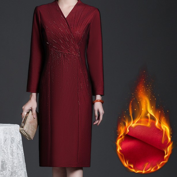 婚宴妈妈装气质喜婆婆洋气大码红色喜妈妈礼服高贵秋冬加绒连衣裙