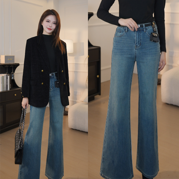复古高腰时尚休闲牛仔喇叭长裤女秋冬韩版宽松显瘦弹力筒喇裤