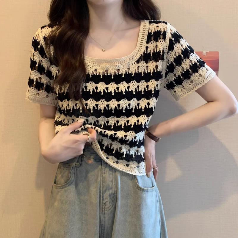 条纹短袖T恤女装夏季2023新款镂空针织衫小个子法式方领短款上衣