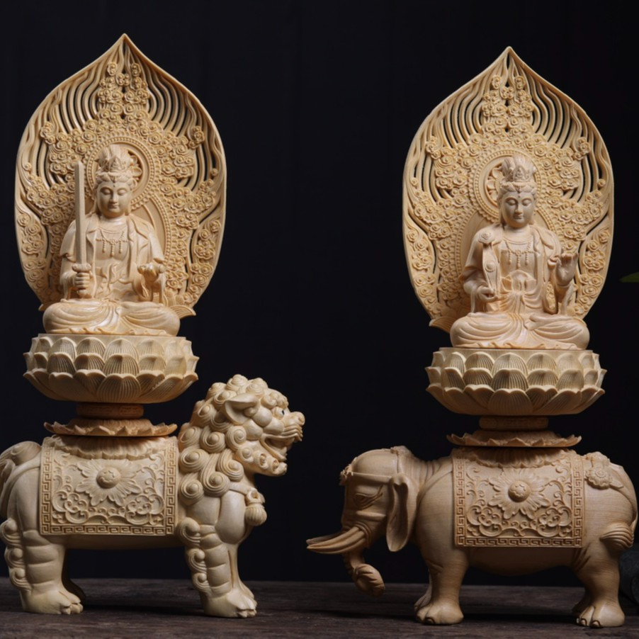 文殊-普贤 菩萨 桧木木雕雕刻工艺品 镂空精修家居装饰摆件（对）