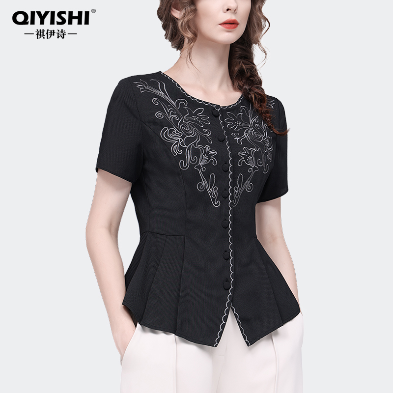 2024夏季短款重工刺绣衬衫上衣女收腰显瘦打底衫别致衬衣SE230100