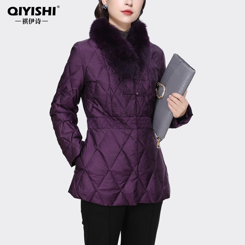 新中式刺绣羽绒服女中长版保暖带毛领白鸭绒羽绒衣外套WH231780