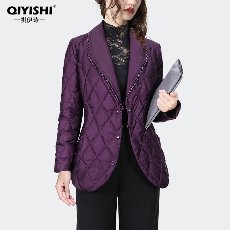 欧洲站2024秋冬设计感钉珠白鸭绒羽绒服外套女西装领轻薄WH231750