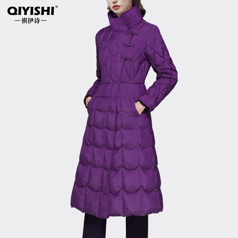 中国风刺绣长款过膝羽绒服女冬季加厚白鸭绒棉袄防寒外套WH232075