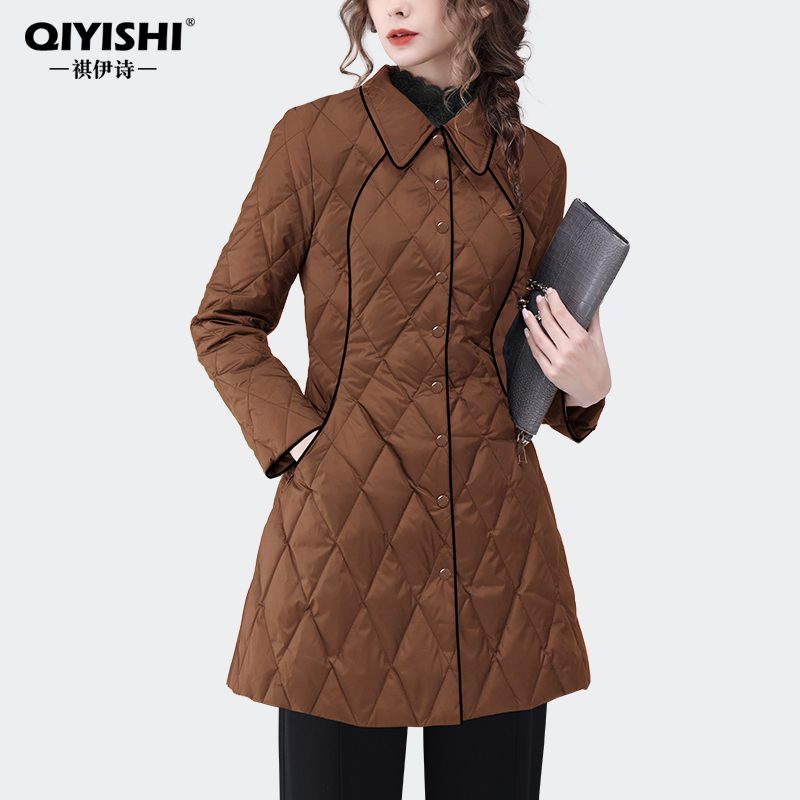 欧洲站2023秋冬衬衫式羽绒服外套女收腰中长轻薄款白鸭绒WH231901