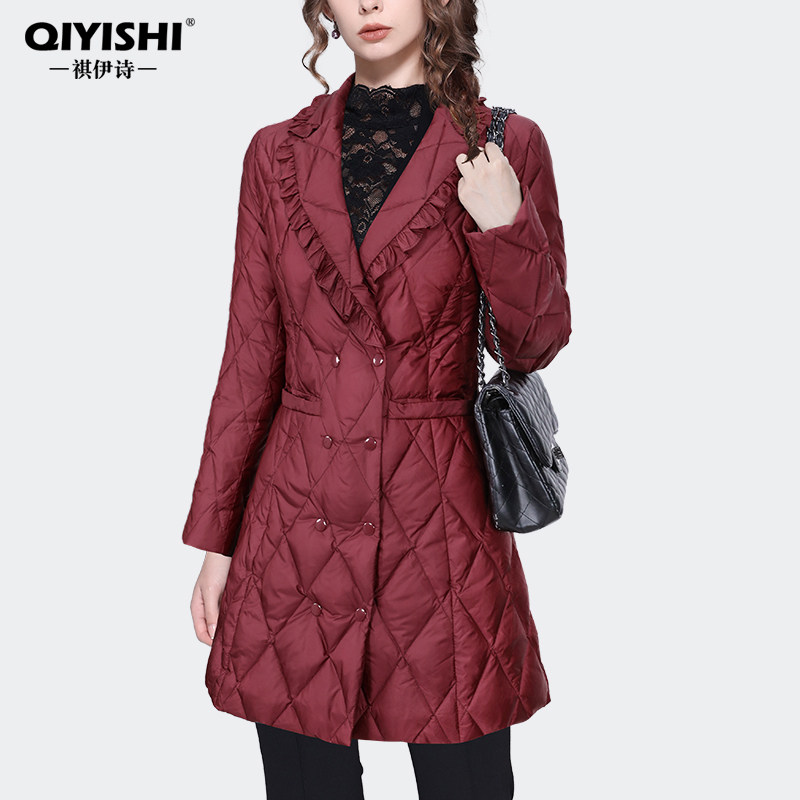 欧洲站2024秋冬羽绒服外套女收腰木耳边中长版白鸭绒收腰WH231781