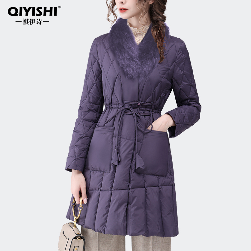 欧洲站秋冬狐狸毛羽绒服中长款紫色保暖白鸭绒收腰大毛领WH232067
