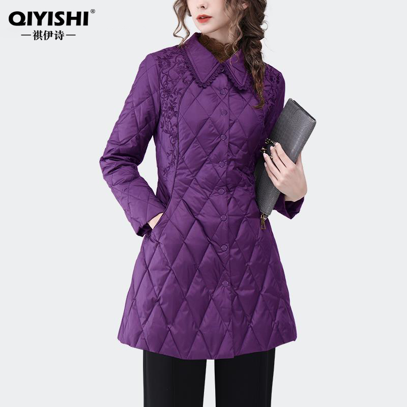 新中式国风刺绣衬衫羽绒服女秋冬轻薄款白鸭绒中长款WH231607 