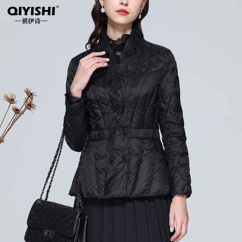冬季收腰时尚欧货重工绣花轻薄羽绒服女秋冬装白鸭绒外套WG230770