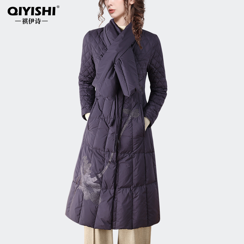 围脖款新中式中国风刺绣羽绒服秋冬气质长款过膝羽绒衣WK22621