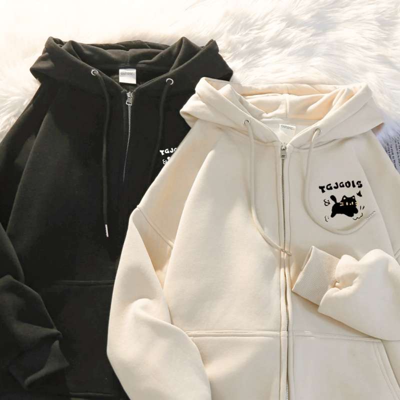 可爱小猫加绒开衫卫衣女连帽宽松学生拉链上衣外套秋冬季百搭