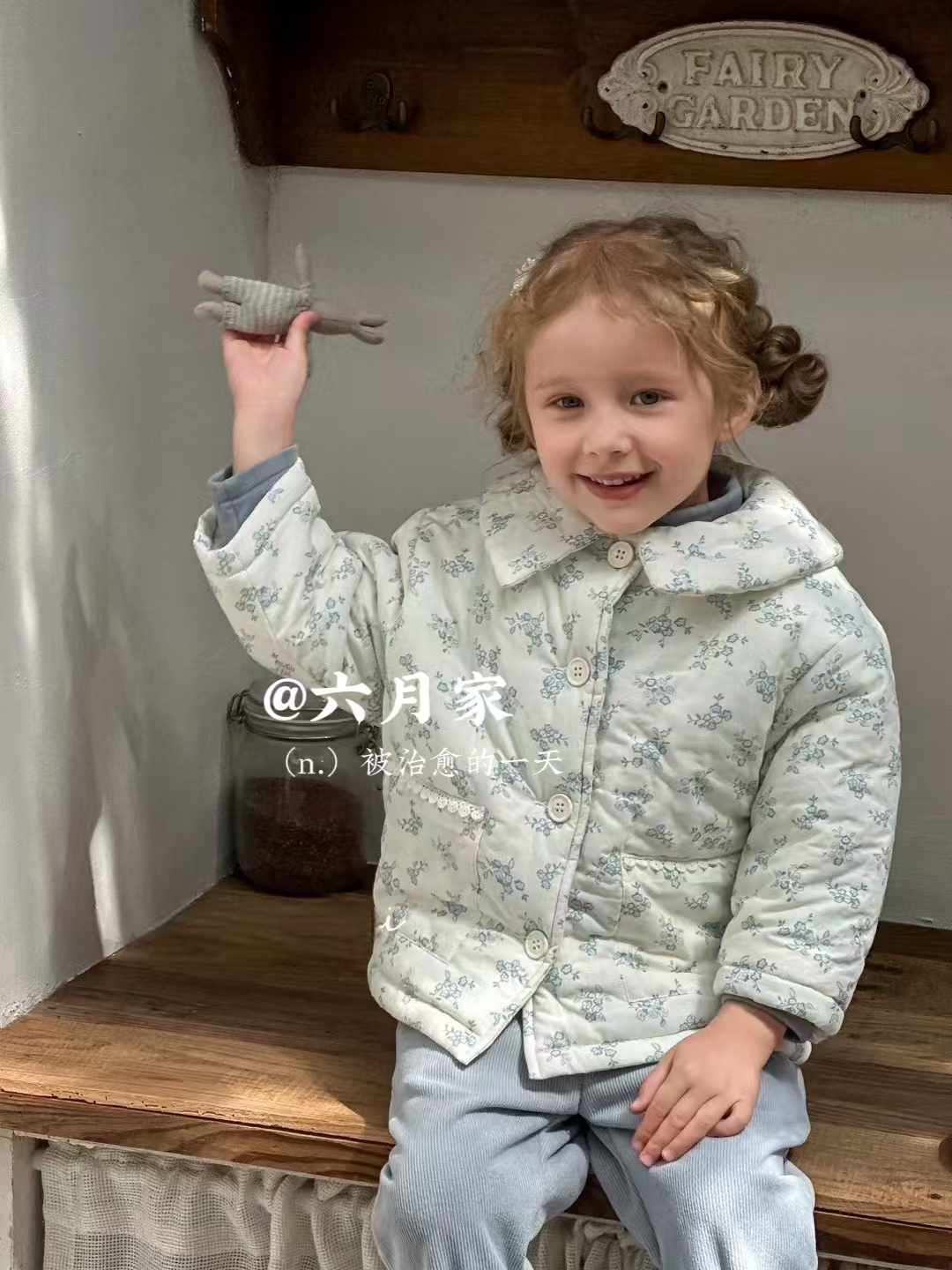 六月家女童夹棉外套蓝色碎花外套