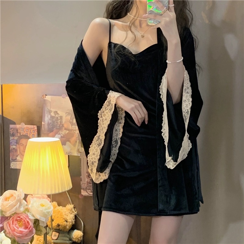 性感睡衣女秋冬新款纯欲两件套装宽松粉色蕾丝冬季丝绒气质家居服