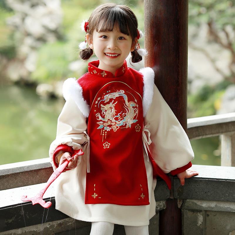 女童拜年服冬款儿童唐装汉服加厚套装中国风女宝宝龙年过年服新款