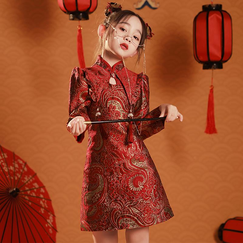女童国潮风旗袍儿童礼服宝宝过年古筝冬季演出走秀礼服唐装拜年服
