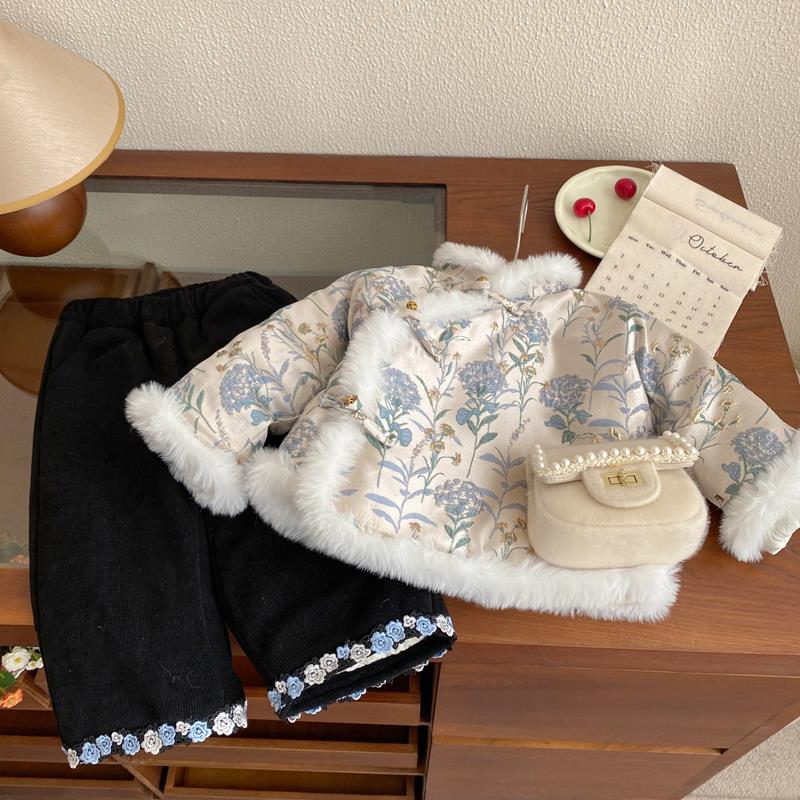 女童汉服过年拜年服秋冬季儿童中国风唐装加厚套装女宝宝周岁礼服