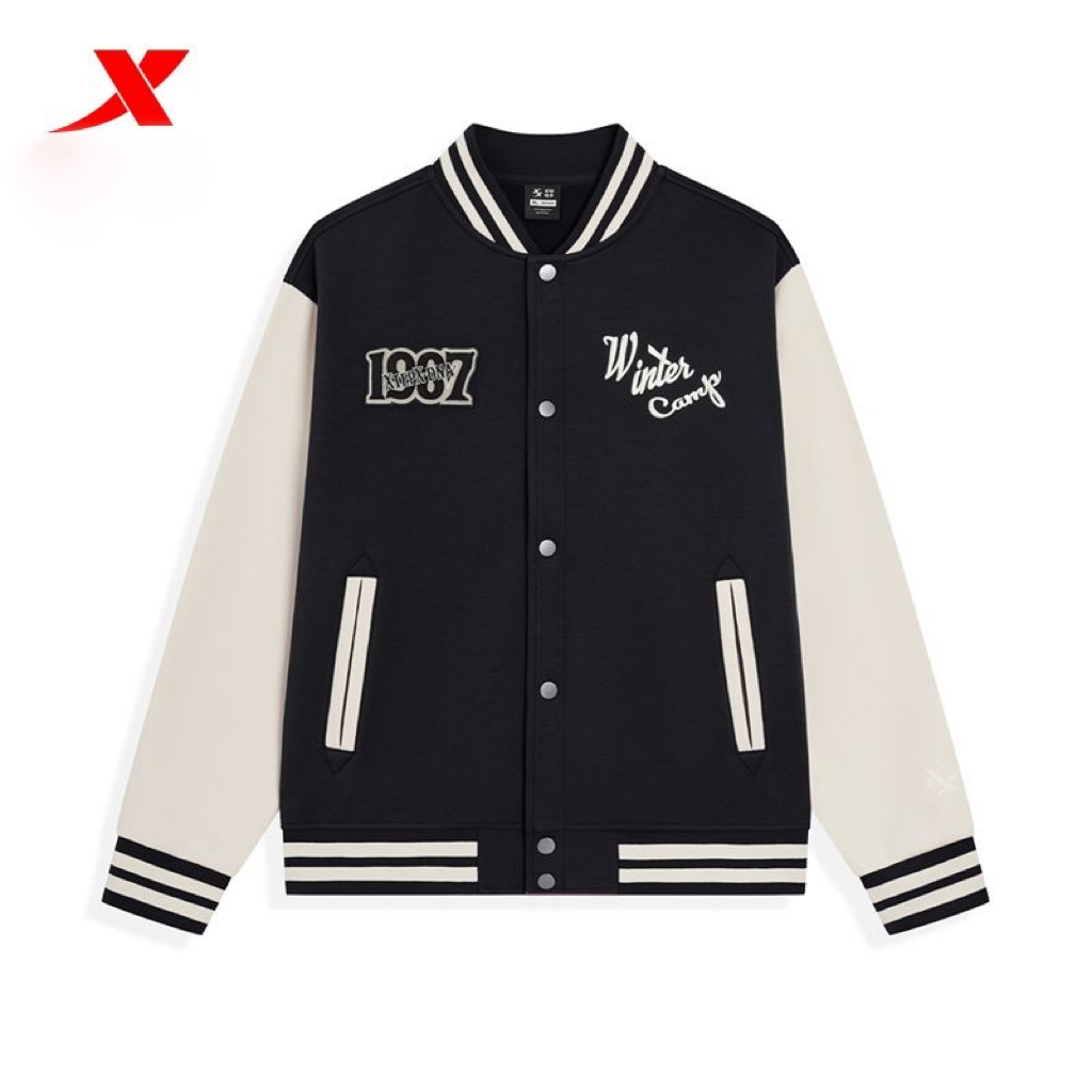 特步针织外套冬季男棒球撞色百搭上衣加厚运动夹克976429060453